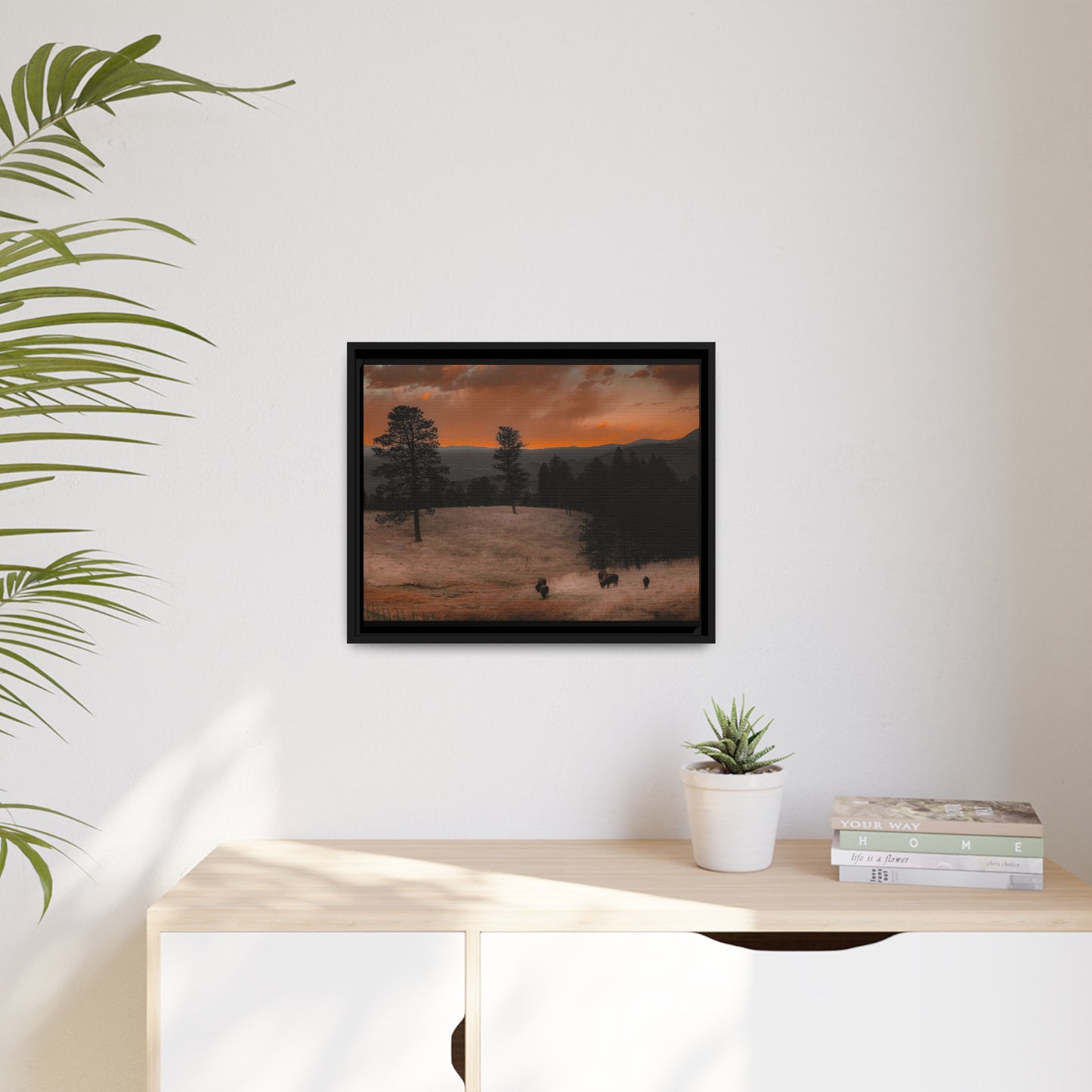 "Bison at Sunset" Framed Canvas