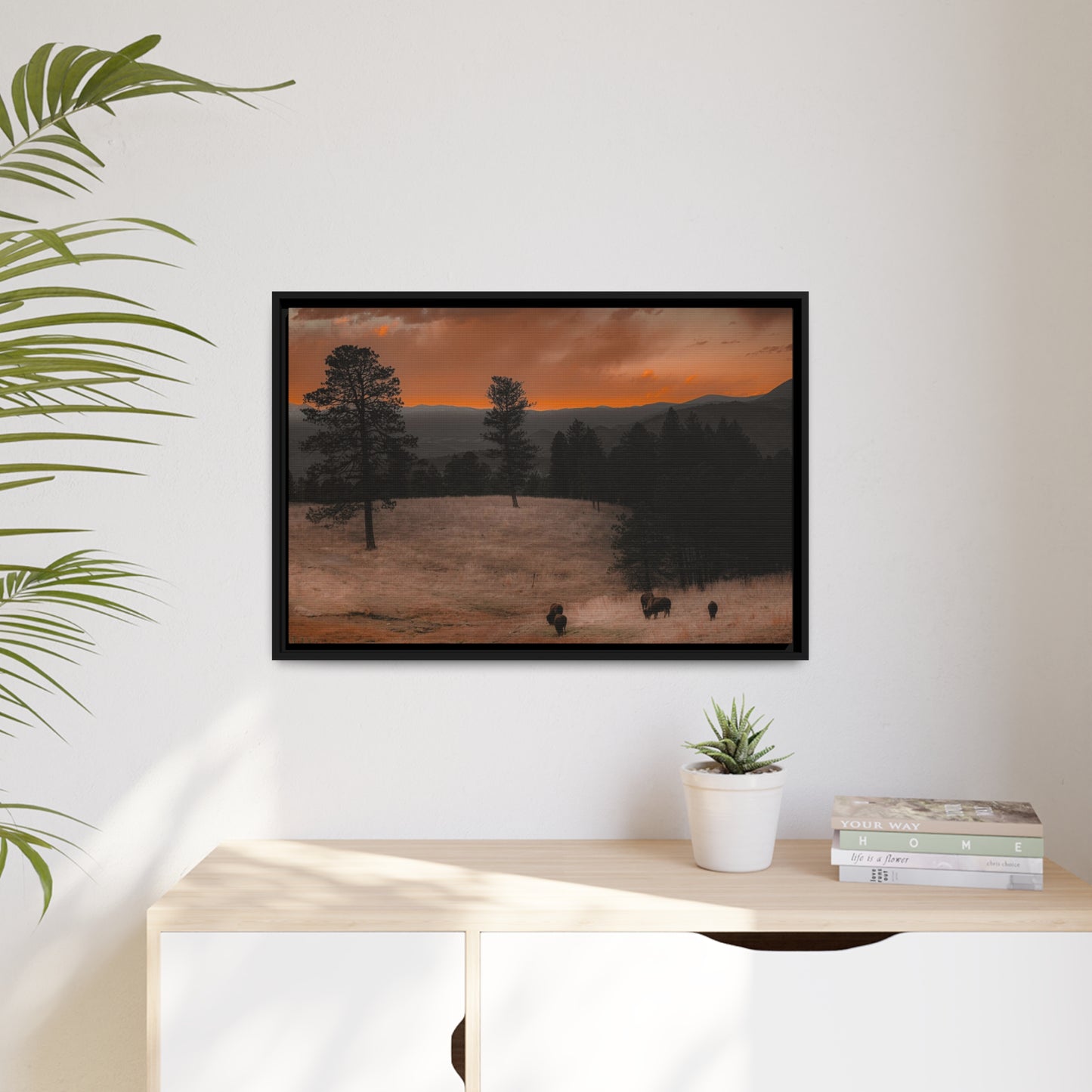 "Bison at Sunset" Framed Canvas