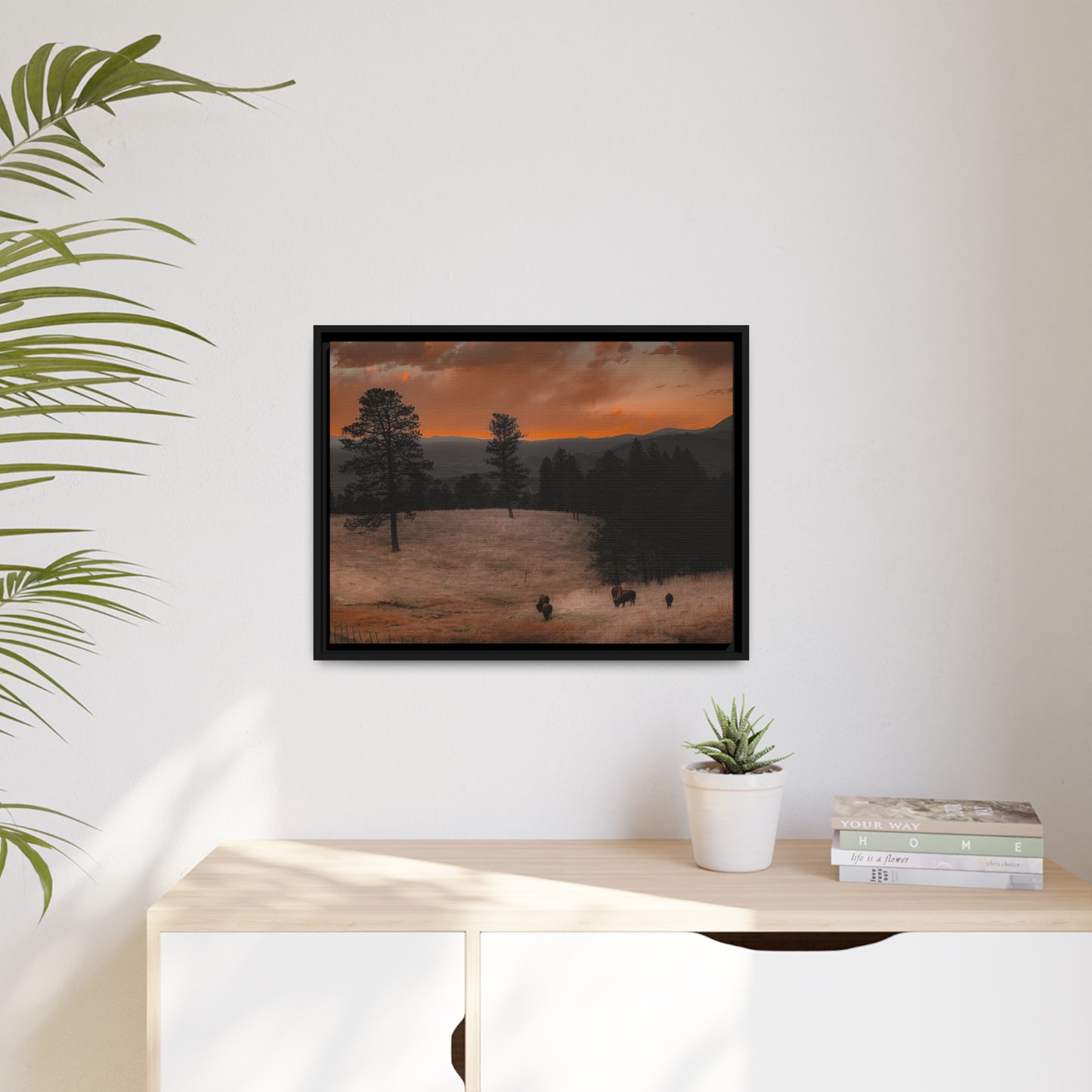 "Bison at Sunset" Framed Canvas